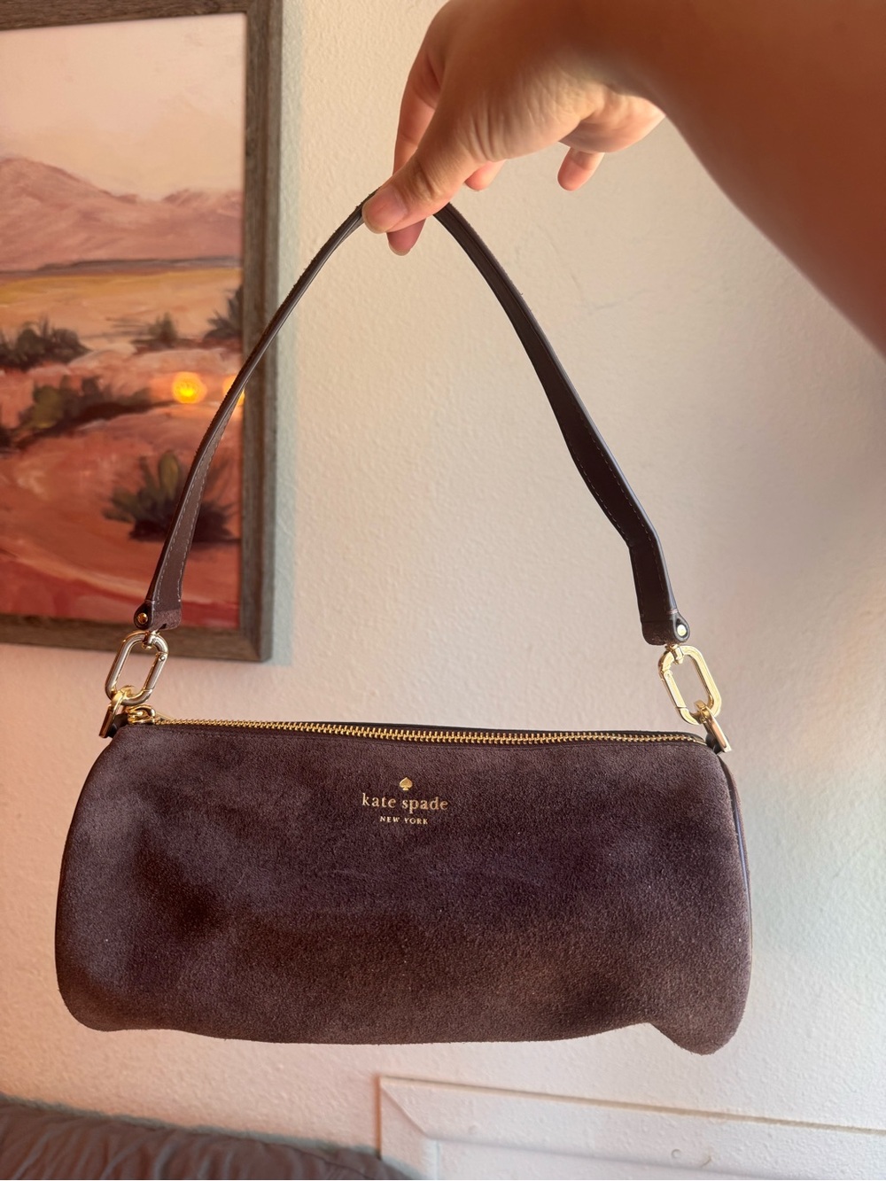 kate spade brown suede shoulder bag with gold hardware